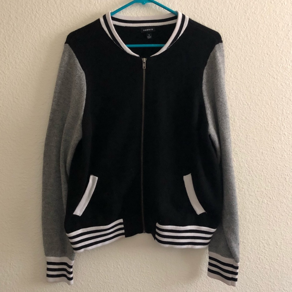 Torrid | black gray white striped bomber jacket